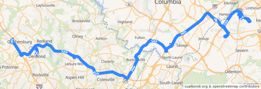 Mapa del recorrido Commuter Bus 201: BWI Marshall Airport (weekday trips 10-15) de la línea  en Maryland.