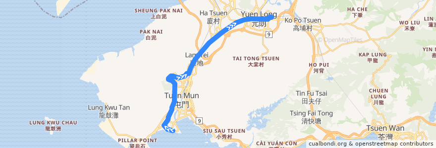 Mapa del recorrido 輕鐵615綫 Light Rail 615 (屯門碼頭 Tuen Mun Ferry Pier → 元朗 Yuen Long) de la línea  en 香港 Hong Kong.