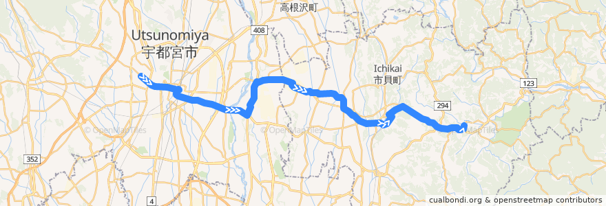 Mapa del recorrido JRバス関東水都西線 作新学院前⇒道場宿・市貝小学校⇒茂木 de la línea  en Préfecture de Tochigi.