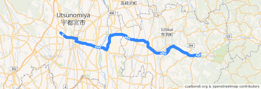 Mapa del recorrido JRバス関東水都西線 茂木⇒市貝小学校・道場宿⇒作新学院前 de la línea  en Präfektur Tochigi.