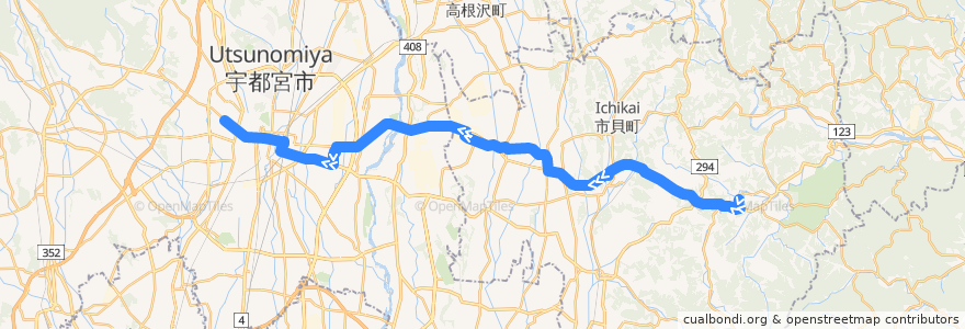 Mapa del recorrido JRバス関東水都西線 茂木⇒道の駅もてぎ/いちかい/はが・ベルモール⇒作新学院前 de la línea  en 栃木県.