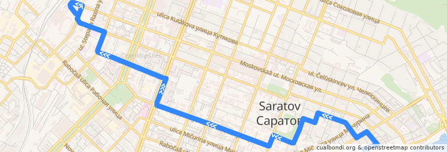 Mapa del recorrido Троллейбус 2: улица Лермонтова - Железнодорожный вокзал de la línea  en городской округ Саратов.