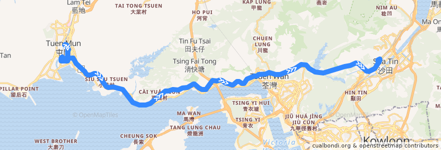 Mapa del recorrido 九巴263線 KMB 263 (屯門站 Tuen Mun Station → 沙田站 Sha Tin Station) de la línea  en 香港 Hong Kong.