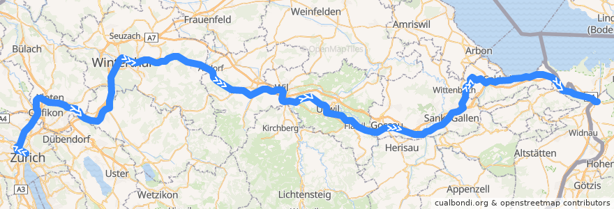 Mapa del recorrido EC 88: Zürich => München de la línea  en 瑞士.