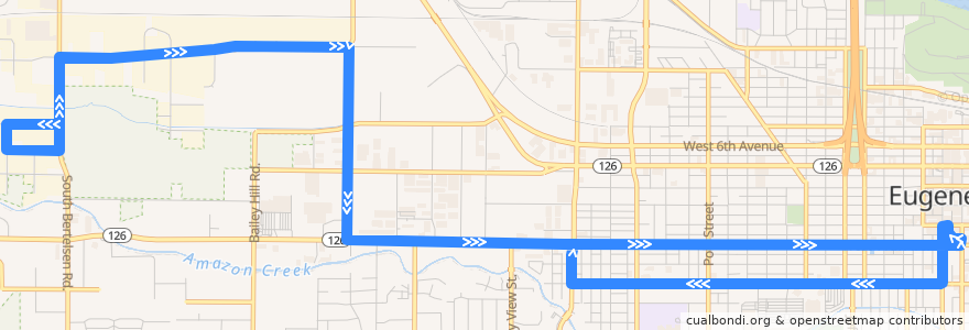 Mapa del recorrido West 1st Avenue de la línea  en 尤金.