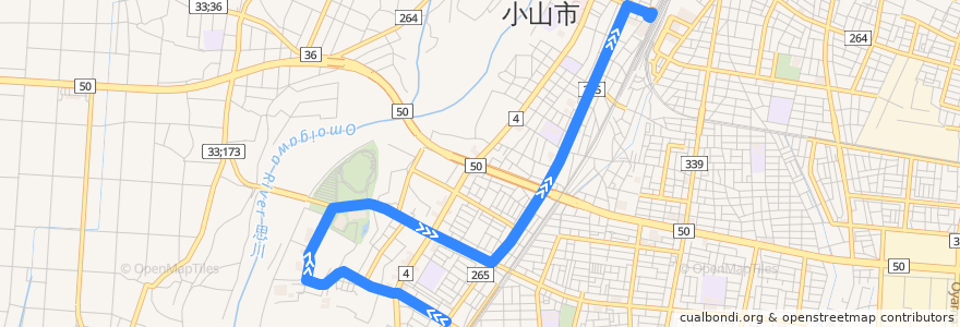 Mapa del recorrido 小山市おーバス間々田線 小山第三小学校南⇒小山駅西口 de la línea  en 小山市.