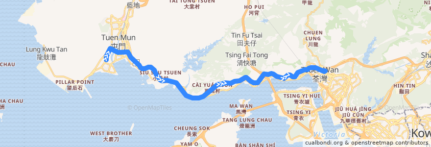 Mapa del recorrido 九巴59M線 KMB 59M (新屯門中心 Sun Tuen Mun Centre → 荃灣站 Tsuen Wan Station) de la línea  en 香港 Hong Kong.