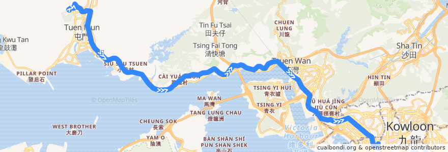 Mapa del recorrido 九巴58X線 KMB 58X (良景邨 Leung King Estate → 旺角東站 Mong Kok East Station) de la línea  en 香港 Hong Kong.