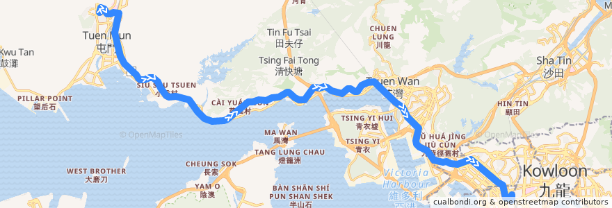 Mapa del recorrido 九巴58X線 KMB 58X (建生 Kin Sang → 旺角東站 Mong Kok East Station) de la línea  en 香港 Hong Kong.