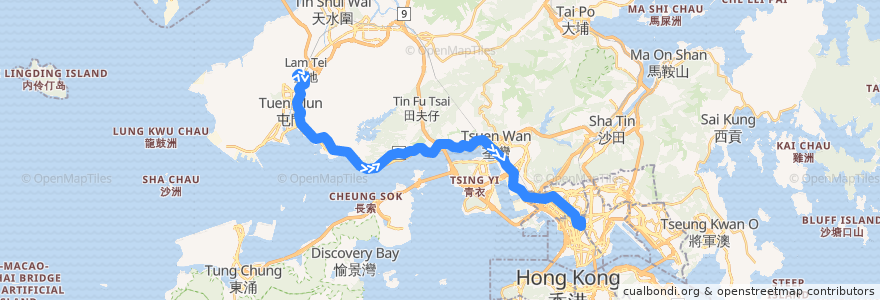 Mapa del recorrido 九巴67X線 KMB 67X (兆康苑 Siu Hong Court → 旺角東站 Mong Kok East Station) de la línea  en 香港 Hong Kong.