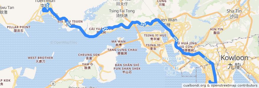 Mapa del recorrido 九巴60X線 KMB 60X (屯門市中心 Tuen Mun Central → 西九龍站 West Kowloon Station) de la línea  en 香港 Hong Kong.