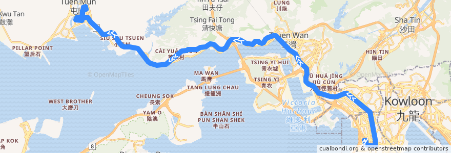 Mapa del recorrido 九巴60X線 KMB 60X (西九龍站 West Kowloon Station → 屯門市中心 Tuen Mun Central) de la línea  en Hong Kong.