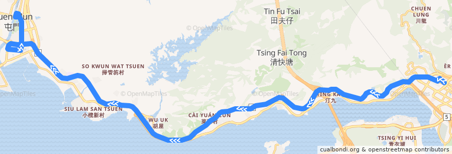 Mapa del recorrido 九巴60M線 KMB 60M (荃灣站 Tsuen Wan Station → 屯門站 Tuen Mun Station) de la línea  en 香港 Hong Kong.