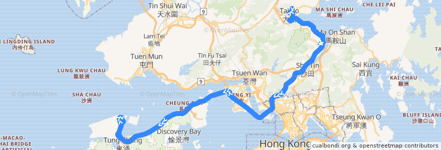 Mapa del recorrido 龍運巴士A47X線 Long Win Bus A47X (大埔（富亨） Tai Po (Fu Heng) → 機場 Airport (經大埔中心、白石角及國泰城 via Tai Po Central, Pak Shek Kok and Cathay City)) de la línea  en هونغ كونغ.