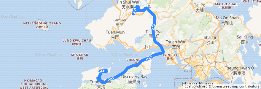 Mapa del recorrido 龍運巴士A36線 Long Win Bus A36 (機場 Airport → 朗屏站 Long Ping Station (經國泰城 via Cathay City)) de la línea  en 홍콩.