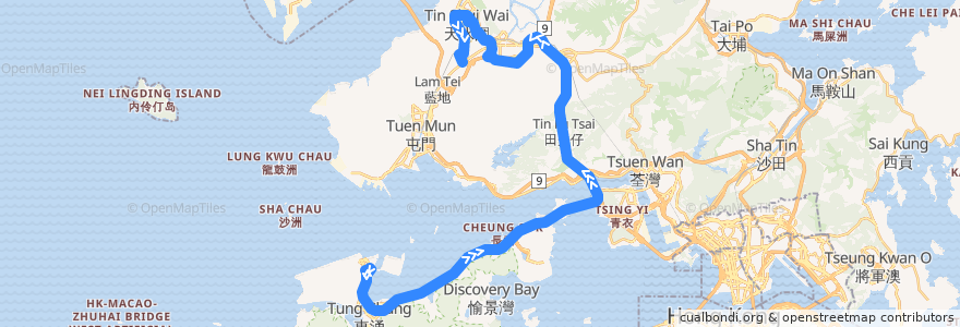 Mapa del recorrido 龍運巴士A37線 Long Win Bus A37 (機場 Airport → 洪水橋 Hung Shui Kiu) de la línea  en 香港 Hong Kong.