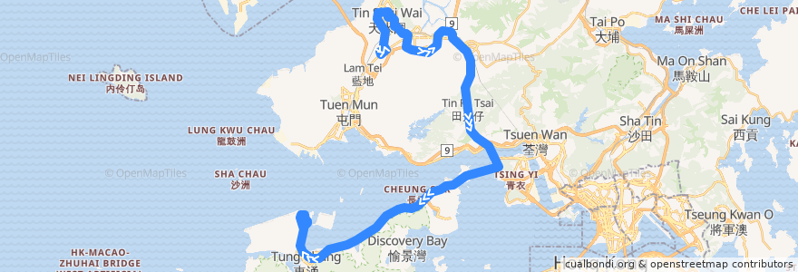 Mapa del recorrido 龍運巴士A37線 Long Win Bus A37 (洪水橋 Hung Shui Kiu → 機場 Airport) de la línea  en 香港 Hong Kong.