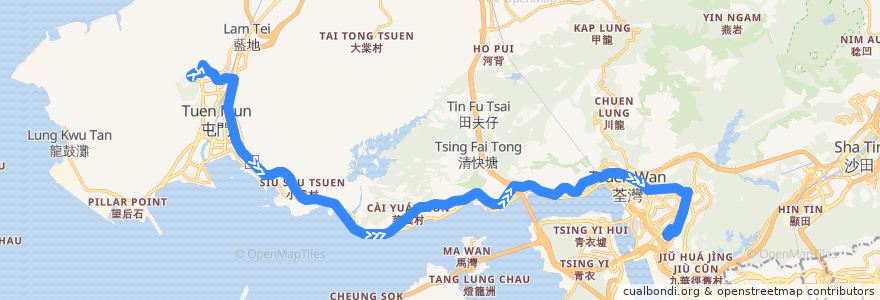 Mapa del recorrido 九巴58M線 KMB 58M (良景邨 Leung King Estate → 葵芳站 Kwai Fong Station) de la línea  en 香港 Hong Kong.