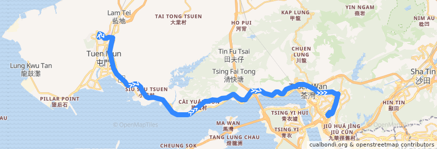Mapa del recorrido 九巴58M線 KMB 58M (建生 Kin Sang → 葵芳站 Kwai Fong Station) de la línea  en 홍콩.