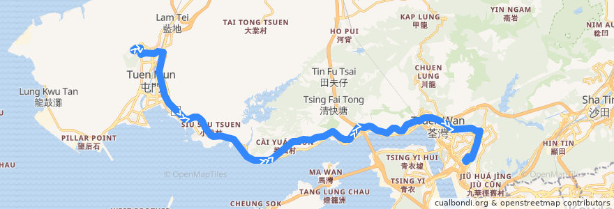 Mapa del recorrido 九巴58M線 KMB 58M (良景邨 Leung King Estate → 葵芳站 Kwai Fong Station (不經建生 omit Kin Sang)) de la línea  en هنگ‌کنگ.