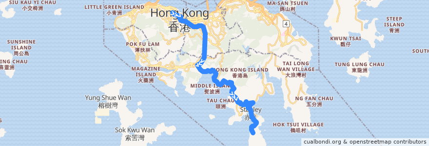 Mapa del recorrido 城巴6A線 Citybus 6A (中環 Central → 赤柱炮台 Stanley Fort) de la línea  en 香港島 Hong Kong Island.