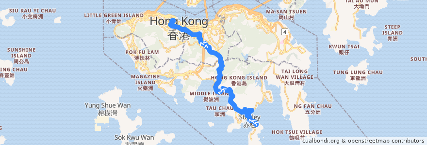 Mapa del recorrido 城巴6號線 Citybus 6 (赤柱監獄 Stanley Prison → 中環 Central (不經馬坑 omit Ma Hang)) de la línea  en 香港島 Hong Kong Island.