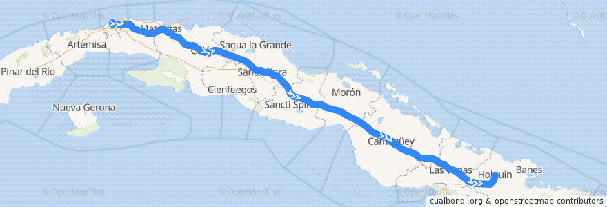 Mapa del recorrido Tren Habana-Holguín de la línea  en Küba.