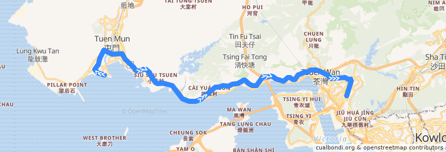 Mapa del recorrido 九巴59A線 KMB 59A (屯門碼頭 Tuen Mun Pier Head → 葵涌道（葵芳邨） Kwai Chung Road (Kwai Fong Estate)) de la línea  en 香港 Hong Kong.