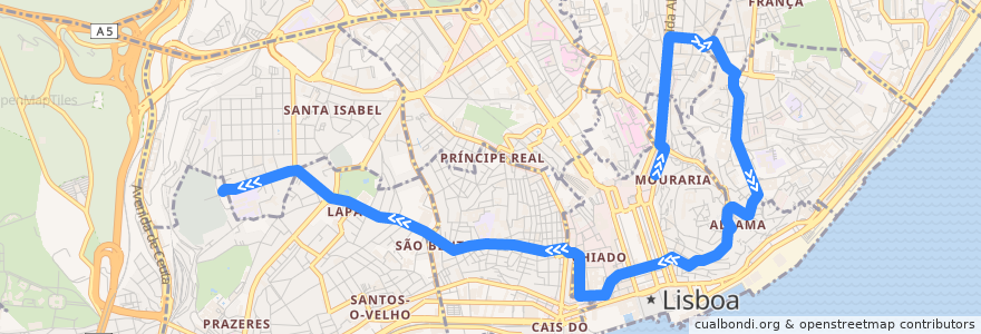 Mapa del recorrido 28E: Martim Moniz → Campo de Ourique (Prazeres) de la línea  en Lisboa.
