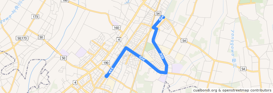 Mapa del recorrido 小山市おーバス間々田東西線 五料⇒間々田駅東口 de la línea  en Oyama.