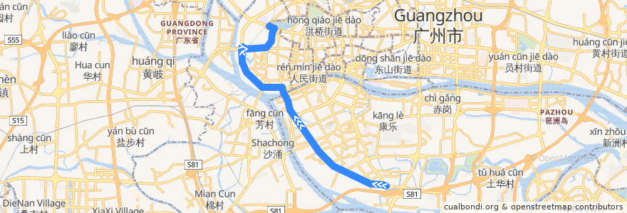 Mapa del recorrido 9路(西华路尾总站-海珠客运站总站) de la línea  en Canton.