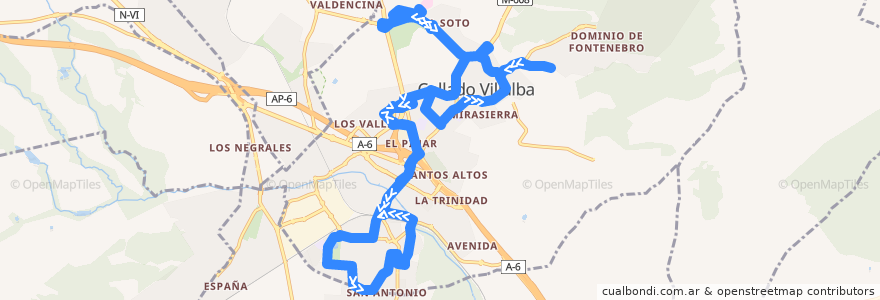 Mapa del recorrido Bus L1: FFCC-P. Coruña- Los Valles-Villalba Pueblo-Urbanizaciones de la línea  en Comunidad de Madrid.