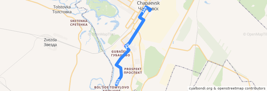 Mapa del recorrido Автобус 2: посёлок Большое Томылово - улица Куйбышева de la línea  en Stadtkreis Tschapajewsk.