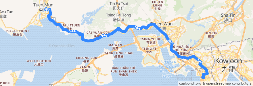 Mapa del recorrido 九巴52X線 KMB 52X (屯門市中心 Tuen Mun Central → 旺角（柏景灣） Mong Kok (Park Avenue)) de la línea  en 香港 Hong Kong.