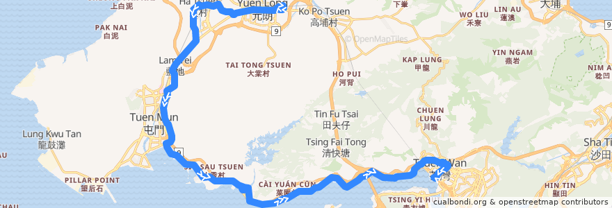 Mapa del recorrido 九巴53線 KMB 53 (元朗站 Yuen Long Station → 荃灣西站 Tsuen Wan West Station) de la línea  en 香港 Hong Kong.