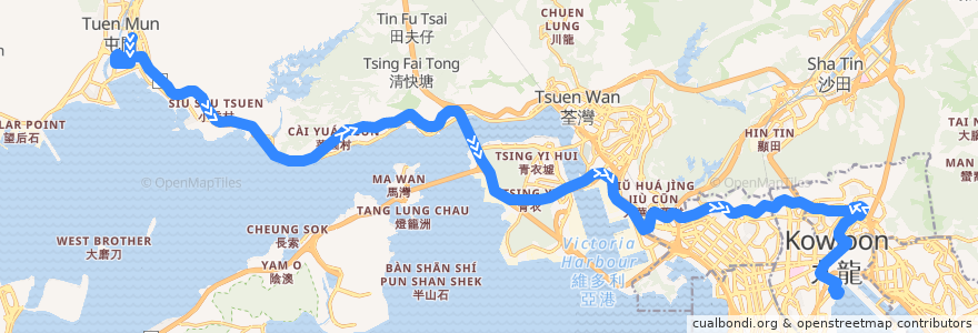 Mapa del recorrido 九巴61X線 KMB 61X (屯門市中心 Tuen Mun Central → 九龍城碼頭 Kowloon City Ferry) de la línea  en 香港 Hong Kong.
