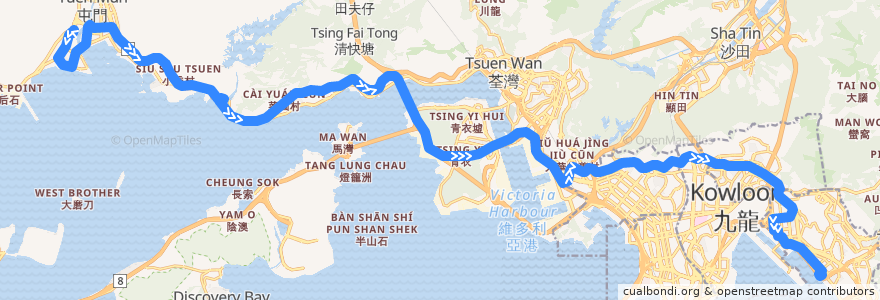 Mapa del recorrido 九巴259X線 KMB 259X (龍門居 Lung Mun Oasis → 觀塘碼頭 Kwun Tong Ferry) de la línea  en 香港 Hong Kong.