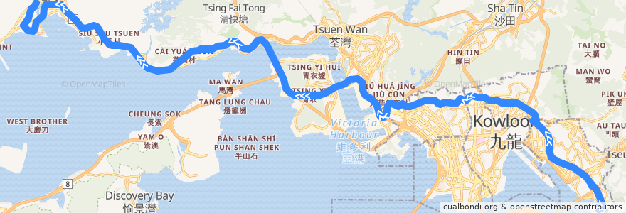 Mapa del recorrido 九巴259D線 KMB 259D (鯉魚門邨 Lei Yue Mun Estate → 龍門居 Lung Mun Oasis (不經屯門市中心 omit Tuen Mun Central)) de la línea  en 香港 Hong Kong.
