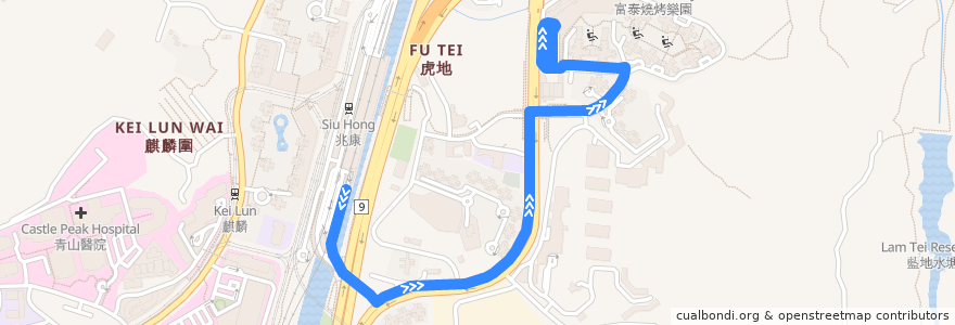 Mapa del recorrido 港鐵巴士K51綫 MTR Bus K51 (兆康站（南） Siu Hong Station (South) → 富泰 Fu Tai) de la línea  en Tuen Mun District.