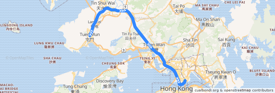 Mapa del recorrido 西鐵綫 West Rail Line (屯門 Tuen Mun → 紅磡 Hung Hom) de la línea  en 香港 Hong Kong.