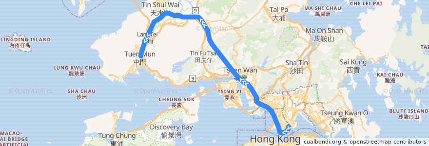 Mapa del recorrido 西鐵綫 West Rail Line (紅磡 Hung Hom → 屯門 Tuen Mun) de la línea  en 香港 Hong Kong.
