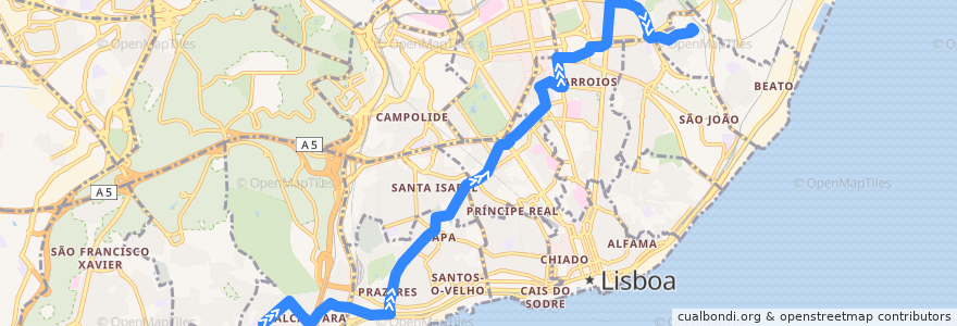 Mapa del recorrido Bus 720: Alto de Santo Amaro → Picheleira de la línea  en لشبونة.