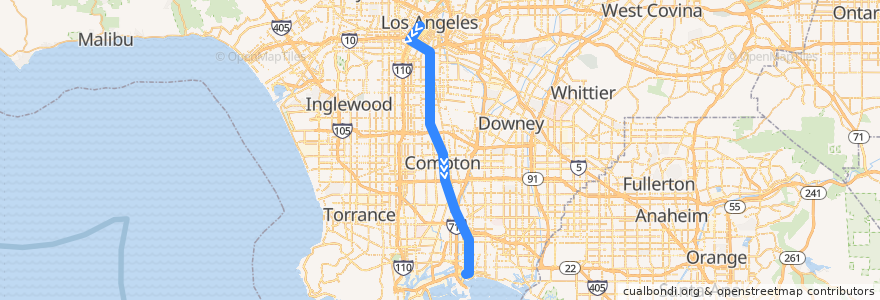 Mapa del recorrido A Line (Blue): 7th Street/Metro Center → Downtown Long Beach de la línea  en مقاطعة لوس أنجلس.
