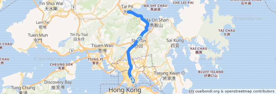 Mapa del recorrido 東鐵綫 East Rail Line (紅磡 Hung Hom → 大埔墟 Tai Po Market) de la línea  en 香港 Hong Kong.