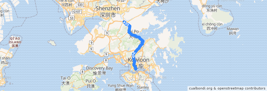 Mapa del recorrido 東鐵綫 East Rail Line (上水 Sheung Shui → 紅磡 Hung Hom) de la línea  en 香港 Hong Kong.