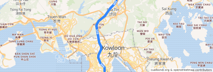 Mapa del recorrido 東鐵綫 East Rail Line (火炭 Fo Tan → 紅磡 Hung Hom) de la línea  en 香港 Hong Kong.