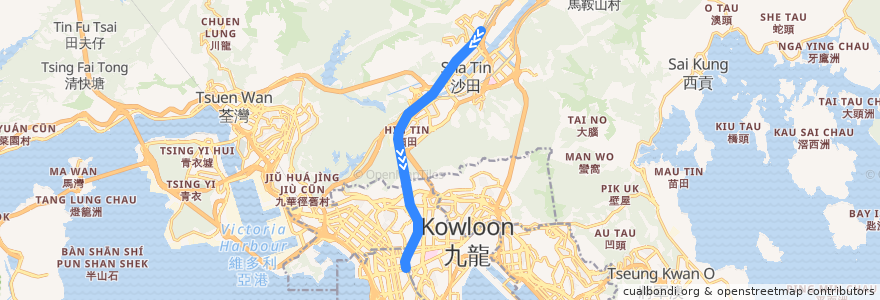 Mapa del recorrido 東鐵綫 East Rail Line (火炭 Fo Tan → 旺角東 Mong Kok East) de la línea  en 香港 Hong Kong.