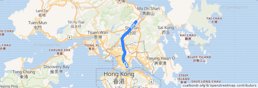 Mapa del recorrido 東鐵綫 East Rail Line (紅磡 Hung Hom → 馬場 Racecourse) de la línea  en 香港 Hong Kong.