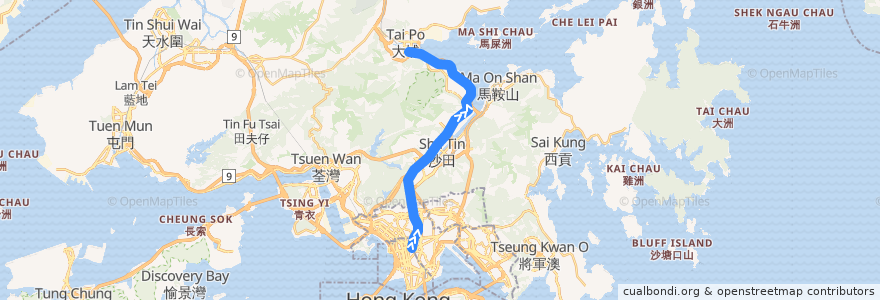 Mapa del recorrido 東鐵綫 East Rail Line (旺角東 Mong Kok East → 大埔墟 Tai Po Market) de la línea  en 香港 Hong Kong.