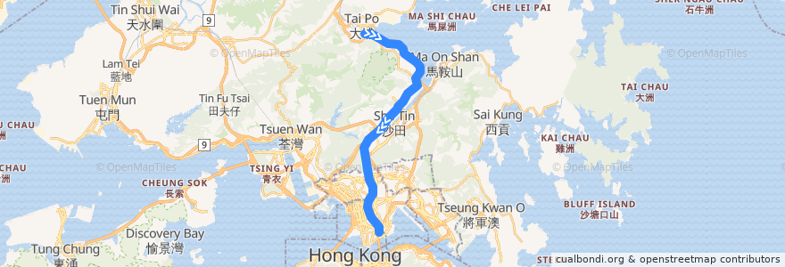 Mapa del recorrido 東鐵綫 East Rail Line (大埔墟 Tai Po Market → 紅磡 Hung Hom (經馬場 via Racecourse)) de la línea  en 香港 Hong Kong.